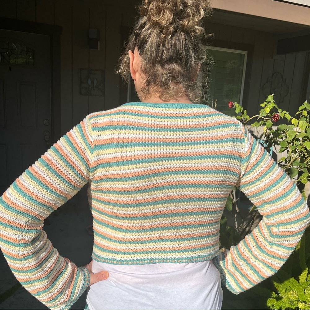 Adorable, like new cropped, multicolor striped sweater, size L from lulus
